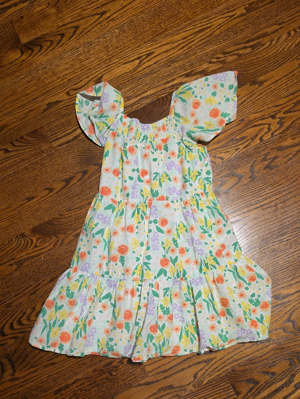 Cat & Jack White Floral Tiered Dress with Orange, Yellow & Purple Flowers